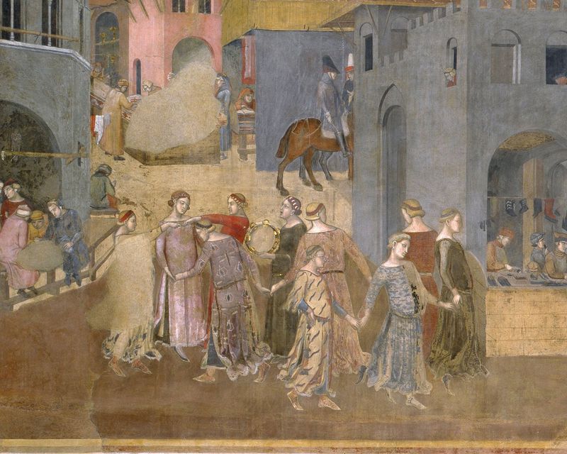 Fresko von Ambrogio Lorenzetti, Effetti del Buon Governo in città Fresko von Ambrogio Lorenzetti, Effetti del Buon Governo in città