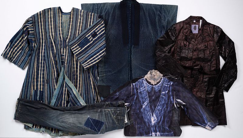 Left to right: Japanese, Noragi (workcoat), mid-1800s. Elizabeth T. and Dorothy N. Casey Fund. dosa, Travel Coat, 2014. Edgar J. Lownes Fund. B. Earley, Lace Blouse (Top 100 Recycled Shirts Project), 2008. Helen M. Danforth Acquisition Fund. G-Star RAW, Jeans, ca. 2005. Proposed: Gift of Anne Marika Verploegh Chassé. Ghanaian, Fugu (man’s robe), mid-1900s. Museum purchase: Museum Works of Art Fund, by exchange. risd-museum.jpg